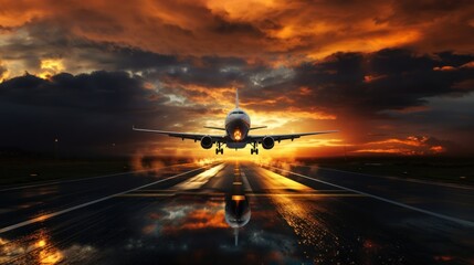 Airplane on the runway at sunset.  Business travel concept. Airport Concept with Copy Space.