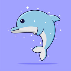 Obraz premium Cute cartoon dolphin in bright blue smiling