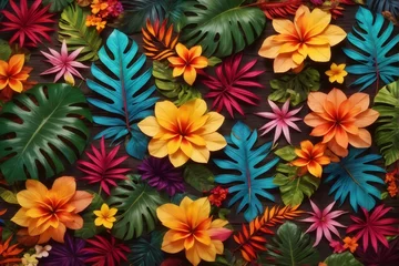 Fototapeten Colorful Tropical Leaves and Flowers, Tropical Flower Background, Exotic Leaves Background, Tropical Flower Wallpaper, AI Generative © Forhadx5