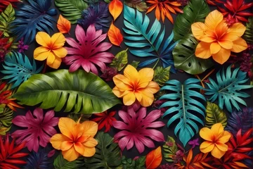 Fotobehang Colorful Tropical Leaves and Flowers, Tropical Flower Background, Exotic Leaves Background, Tropical Flower Wallpaper, AI Generative © Forhadx5