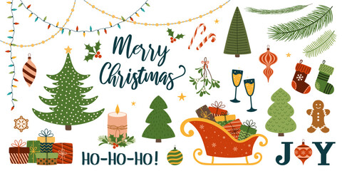 Set of Christmas hand drawn decorative elements. Christmas trees, balls, Santa sleigh, fir-tree branches, mistletoe, holly, candy canes, stockings, gift boxes, gingerbread, garlands.