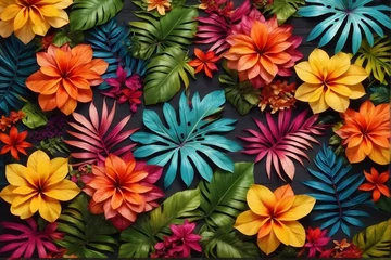 Fototapete Rund Colorful Tropical Leaves and Flowers, Tropical Flower Background, Exotic Leaves Background, Tropical Flower Wallpaper, AI Generative © Forhadx5