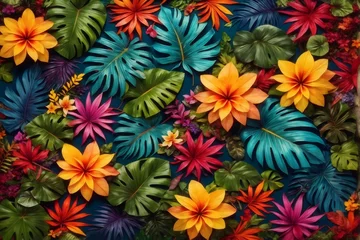 Tuinposter Colorful Tropical Leaves and Flowers, Tropical Flower Background, Exotic Leaves Background, Tropical Flower Wallpaper, AI Generative © Forhadx5