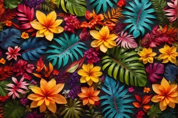 Badezimmer Foto Rückwand Colorful Tropical Leaves and Flowers, Tropical Flower Background, Exotic Leaves Background, Tropical Flower Wallpaper, AI Generative © Forhadx5