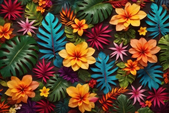 Colorful Tropical Leaves and Flowers, Tropical Flower Background, Exotic Leaves Background, Tropical Flower Wallpaper, AI Generative © Forhadx5