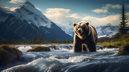 A highly detailed photograph captures a magnificent grizzly bear as it stands near a rushing river, surrounded by the rugged beauty of the Alaskan wilderness. - obrazy, fototapety, plakaty