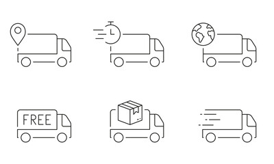 Delivery Truck Line Icon Set. Fast Van, Free Shipping Transport Linear Pictogram. Cargo Transportation Outline Symbol. Parcel Shipment, Logistic Sign. Editable Stroke. Isolated Vector Illustration