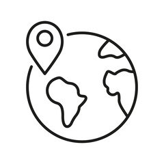 Planet Earth with Location Pin Linear Pictogram. International Shipping Outline Symbol. Global Delivery Line Icon. Worldwide Delivery Sign. Editable Stroke. Isolated Vector Illustration