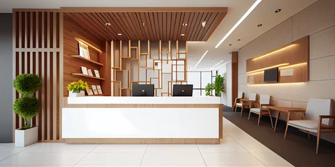Fotobehang Lobby or spacious hotel reception area decorated with wood. Generative AI. © serperm73