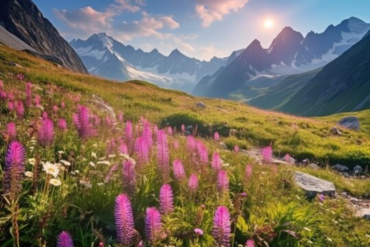 "Full Bloom Magic in the Alpine Serenity". Digital poster. Generative AI.
