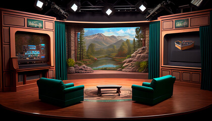 Television or theater studio, interior. Room for filming talk shows and other TV programs. AI generated.