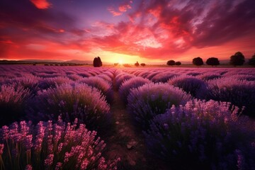 "Sunset Serenity Amidst Lavender Bliss". Digital poster. Generative AI.
