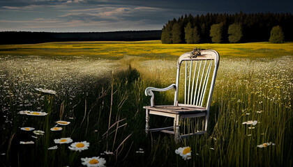 Vintage chair on a green meadow, abstract illustration. AI generated.