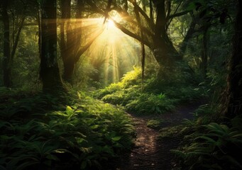 "Enchanted Woods: Streaming Sunlight". Digital poster. Generative AI.