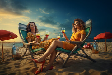 Two girls relax on the beach and drink cocktails. Abstract illustration. AI generated.
