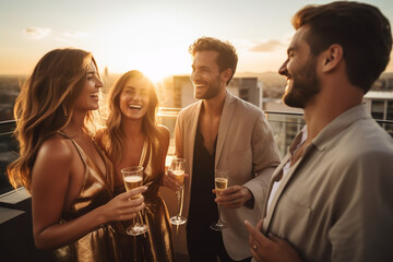 A group of young people make a toast, drink champagne on the rooftop against the background of the sunset.