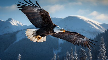 In this stunning image, a bald eagle takes flight against a clear blue Alaskan sky. The high-detail photography captures the intricate details of the eagle's feathers.