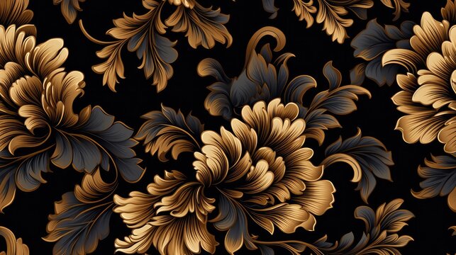 Damask seamless pattern for the luxury wallpaper market golden elements on a black background.