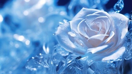 Frozen ice blue rose flower, cold winter's chill freeze, translucent crystal petals - generative ai  