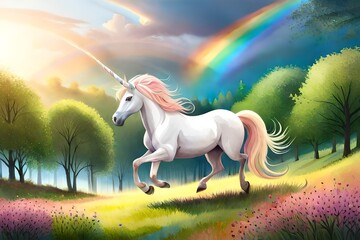 Naklejka premium horse in the field with rainbow illustration