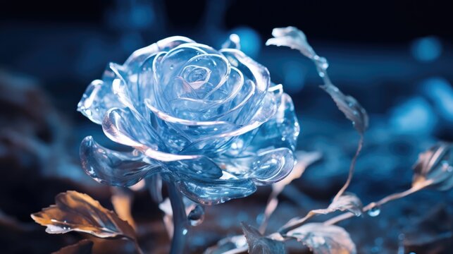 Frozen ice blue rose flower, cold winter's chill freeze, translucent crystal petals - generative ai  