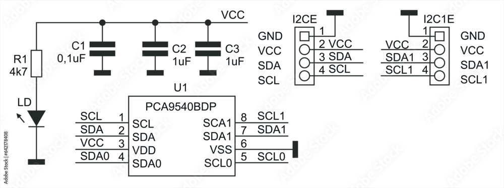 Poster vector drawing electrical circuit with an array of capacitors, an integrated circuit, a connector, a