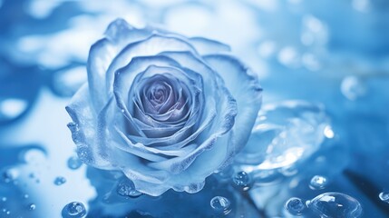 Frozen ice blue rose flower, cold winter's chill freeze, translucent crystal petals - generative ai  