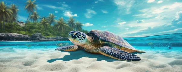 Fototapete Kanarische Inseln Big turtle on tropical beach. Turtles in blue ocean water near beach. copy space for text.