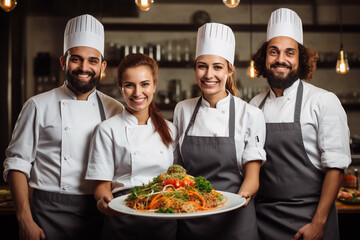 A team of cooks holds a plate and presents a dish. - Powered by Adobe