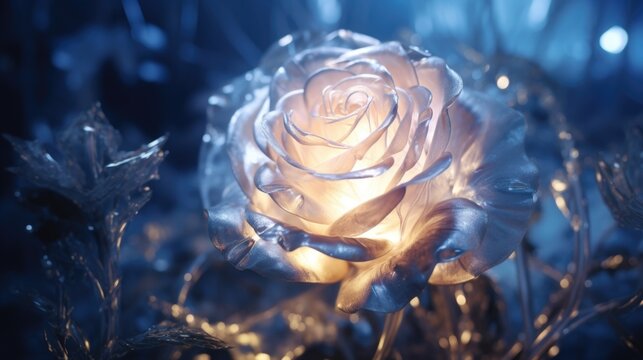 Frozen ice blue rose flower, cold winter's chill freeze, translucent crystal petals - generative ai  
