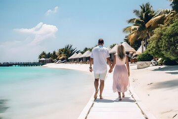 A middle man and wife on a holiday in Maldive. In front of a beach.