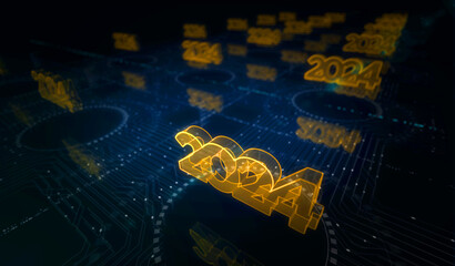 2024 year futuristic neon symbol digital concept 3d illustration