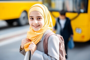 A little Muslim girl, an elementary school student in front of a yellow school bus.