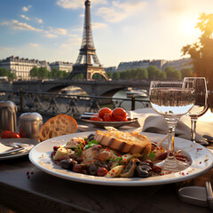 🗼 A Taste of Parisian Delight with a View! 🍽️✨ Relish a plate of exquisite cuisine with the iconic Eiffel Tower as your backdrop. It's a dining experience that combines culinary excellence with the 