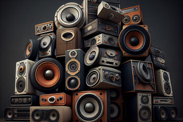 Obraz premium Pile of vintage audio speaker systems. Music retro background, abstract illustration.