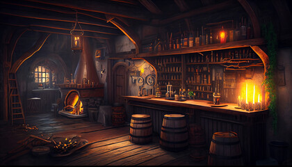 Fantastic fairy tale tavern in the old style. Wooden tables and chairs, a burning fireplace. Twilight, evening.