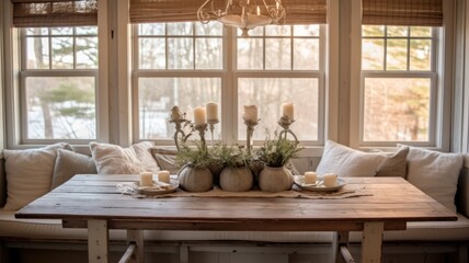 Interior design inspiration of Farmhouse Cottage style home dining room loveliness decorated with Shiplap and Burlap material and Window seat .Generative AI home interior design .