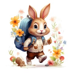 A cartoon rabbit with a backpack and a dog. Digital image.