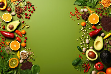 Healthy natural food ingredients with various type of vegetable, fruit and seeds on table, selection for good health.