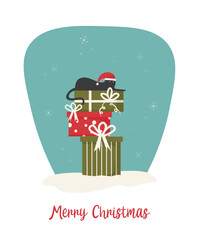 Christmas card with gift boxes and a black cat. Concept vector illustration in flat style.