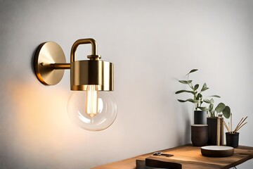 light bulb with decent and beautiful brass metal holder fixed on the white colored wall 
