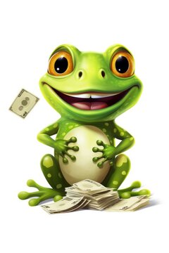 A cartoon frog sitting on top of a pile of money. Digital image.