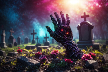 Zombie Hand Rising Out Of A Graveyard colorful background. ai generative - obrazy, fototapety, plakaty