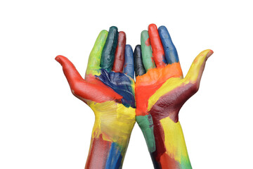 colorful painted hands isolated on transparent background in prayer style