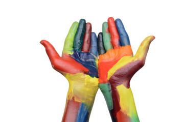colorful painted hands isolated on transparent background in prayer style