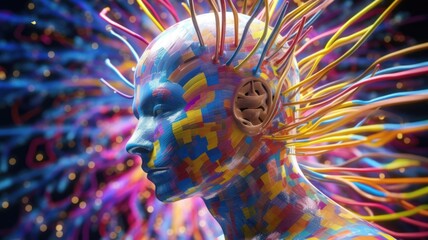 A humanoid robot with color swirling brain motion trails, concept of art, psychology, creativity, imagination, dreams. Generative AI image weber.