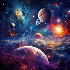 Fantastic multicolored outer space with stars, constellations, galaxies, planets and nebulae.