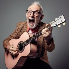 Obraz premium Funny and ridiculous elderly man playing guitar and singing a song. Generative AI