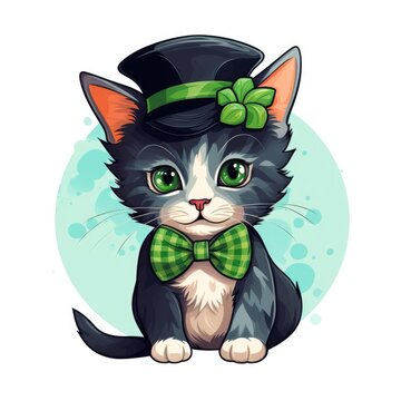 A black and white cat wearing a green bow tie. Digital image. St. Patrick day.