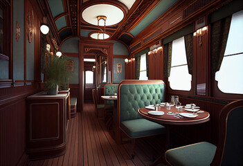 Restaurant car in the style of the 19th century. The interior of an expensive train. AI generative.